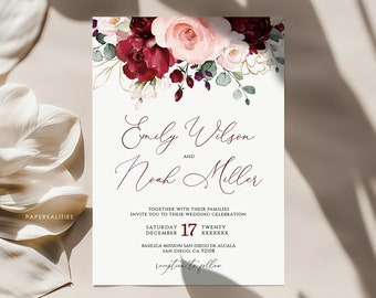 Burgundy Blush Floral Wedding Invitation Template (Digital Download)