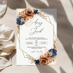 Terracotta Navy Wedding Invitation Template: Floral Printable (Digital Download)