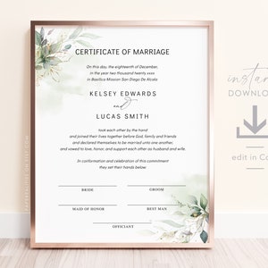 Heiratsurkunde, Heiratsurkunde druckbar bearbeitbar, Greenery Hochzeit Andenken Heiratsurkunde Vorlage, KELSEY