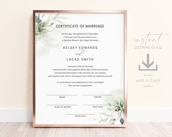 Greenery Wedding Certificate Template: Editable Marriage Keepsake (Digital Download)