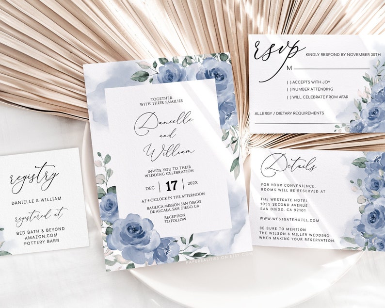 DANIELLE Dusty Blue Wedding Invitation Set Template Wedding image 1