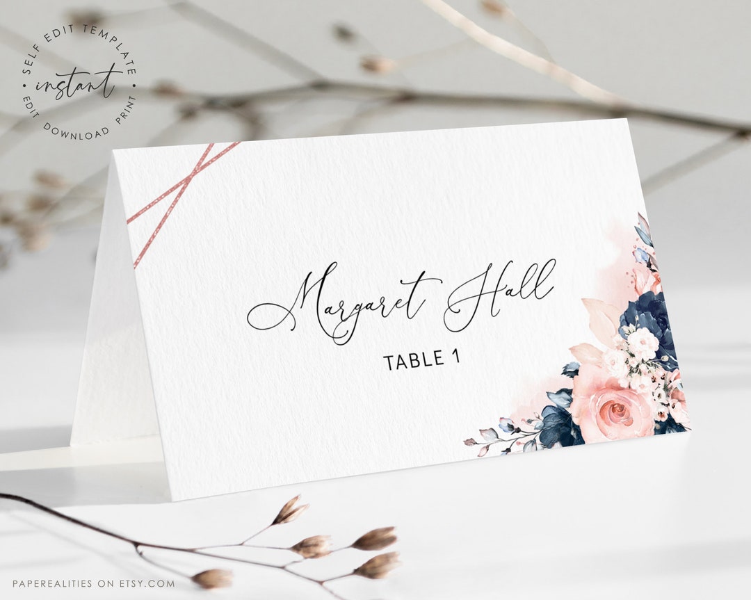 ALESSI Rose Gold Place Card Template Download, Printable Editable Wedding Place Card Floral Rose ...