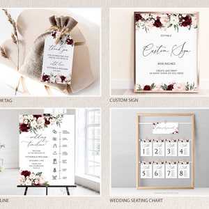 K&ouml;nnte beinhalten: Ein Set druckbarer Hochzeitsschilder mit einem burgunderfarbenen und rosafarbenen Blumendesign. Das Set enth&auml;lt ein Dankesch&ouml;n-Etikett, ein Zeitplan-Schild, einen Sitzplan und ein individuelles Schild. Die Schilder sind editierbar und k&ouml;nnen zu Hause ausgedruckt werden.