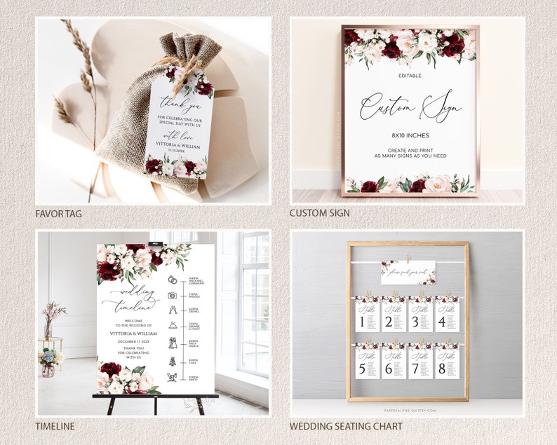K&ouml;nnte beinhalten: Ein Set druckbarer Hochzeitsschilder mit einem burgunderfarbenen und rosafarbenen Blumendesign. Das Set enth&auml;lt ein Dankesch&ouml;n-Etikett, ein Zeitplan-Schild, einen Sitzplan und ein individuelles Schild. Die Schilder sind editierbar und k&ouml;nnen zu Hause ausgedruckt werden.