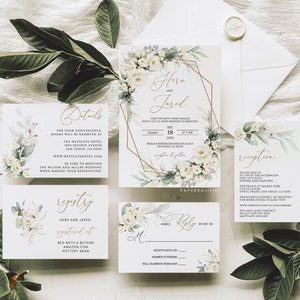 White Florals Wedding Invitation Template with Greenery (Digital Download)