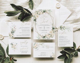 White Florals Wedding Invitation Template with Greenery (Digital Download)