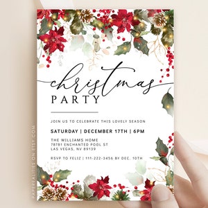 May include: A white Christmas party invitation with a red and green floral border. The text reads "christmas party" and includes the date, time, and location of the party. RSVP information is also included.