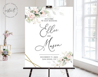 Greenery Blush Wedding Welcome Sign: Geometric Floral Template (Digital Download)