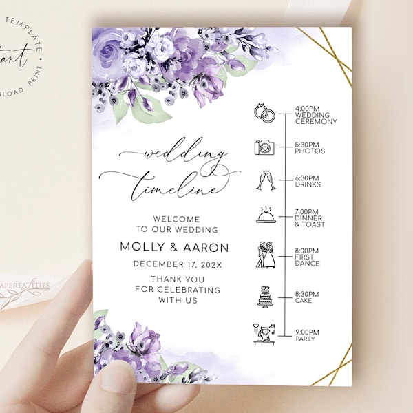 MOLLY - Lavender Wedding Timeline Template, Floral Wedding Agenda, Purple Lilac Wedding Party Timeline, Order of the Day, Wedding Schedule