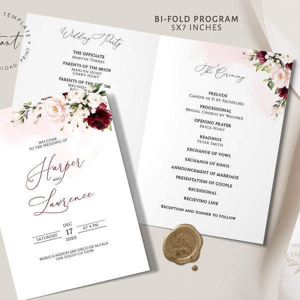 HARPER - Foldable Wedding Program Template, Church Program Template, Editable Wedding Program Template Download, Catholic Ceremony Program