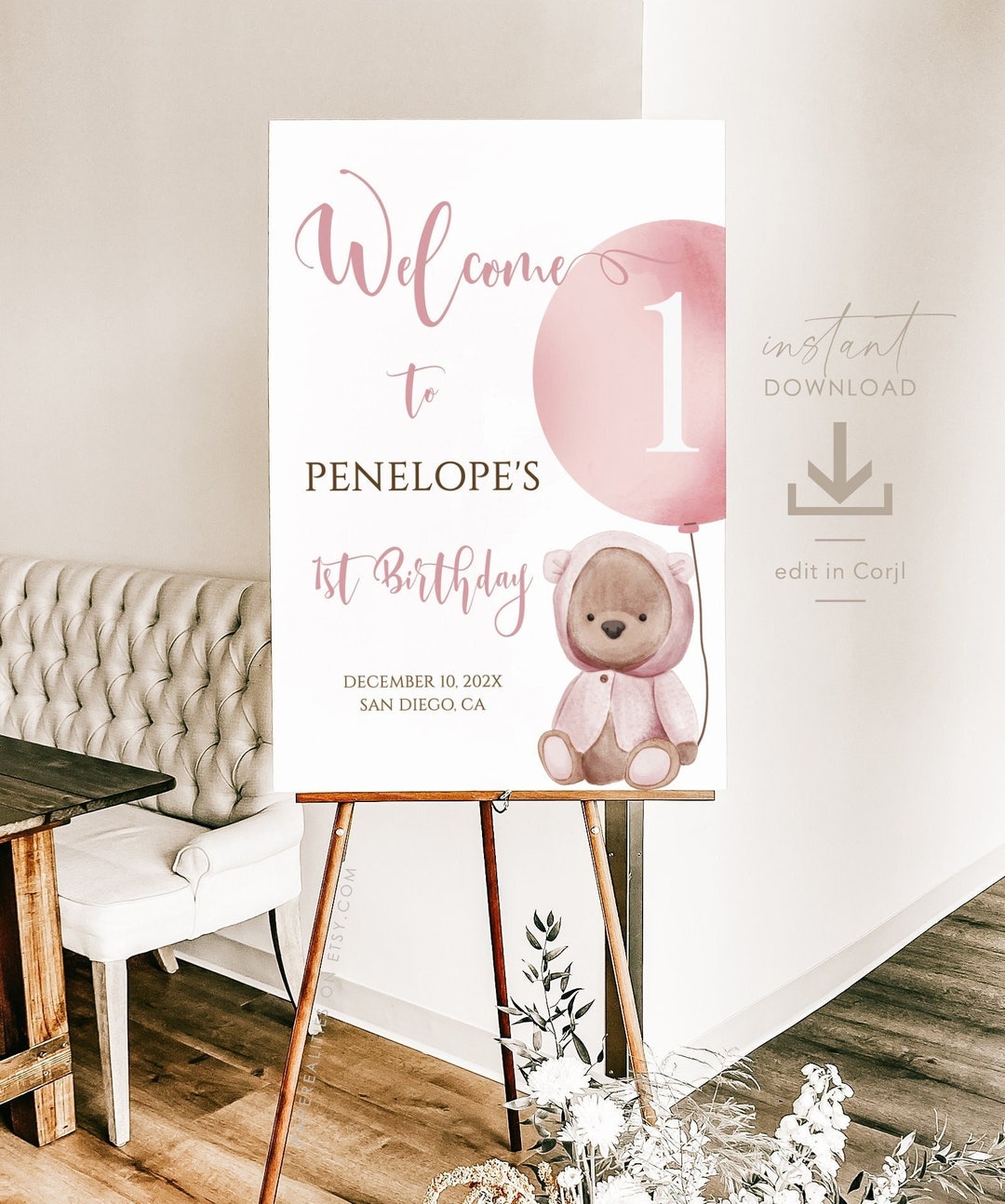 1st Birthday Welcome Sign Template, 1st Birthday Girl, Editable Dusty ...