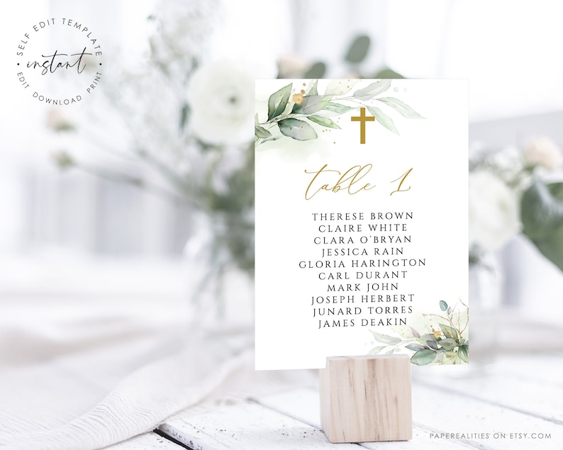 Baptism Table Seating Chart Template, Christening Seating Chart, Editable Seating Chart, First Communion, Greenery Baptism Seat Plan, BC32 image 1