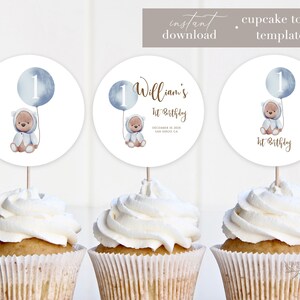 Teddy Bear 1st Birthday Cupcake Toppers (Digital Download)