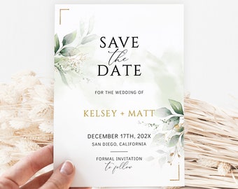 KELSEY - Save the Date Template, Minimalist Greenery Wedding Save the Date, Printable Save the Date Invite Template, Save the Date Greenery