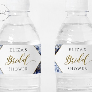 Blue Floral Bridal Shower Water Bottle Label Template (Digital Download)