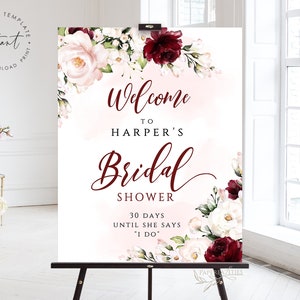 HARPER - Bridal Shower Sign, Blush Pink Bridal Shower Sign Template, Bridal Shower Welcome Sign, Floral Burgundy Bridal Shower Sign Download