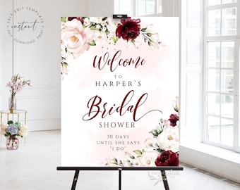 HARPER - Bridal Shower Sign, Blush Pink Bridal Shower Sign Template, Bridal Shower Welcome Sign, Floral Burgundy Bridal Shower Sign Download