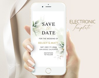 KELSEY - Minimalist Greenery Wedding Save the Date Evite, Greenery Save the Date Evite, Editable Save the Date, Smartphone Evite Template