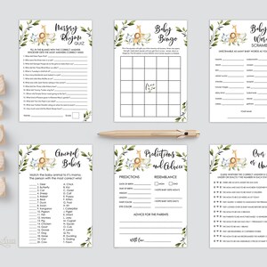 K&ouml;nnte beinhalten: Ein Set mit zehn druckbaren Babyparty-Spielen mit Dschungeltier-Motiv. Die Spiele beinhalten ein Kinderreim-Quiz, Baby-Bingo, Baby-Wortsalat, Tierbabys-Zuordnungsspiel, Vorhersagen und Ratschl&auml;ge sowie &Uuml;ber oder Unter.