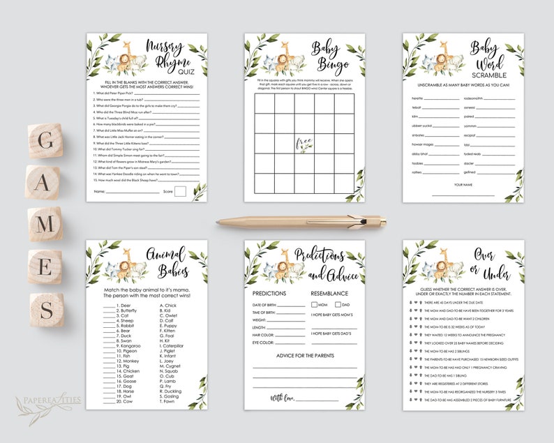 K&ouml;nnte beinhalten: Ein Set mit zehn druckbaren Babyparty-Spielen mit Dschungeltier-Motiv. Die Spiele beinhalten ein Kinderreim-Quiz, Baby-Bingo, Baby-Wortsalat, Tierbabys-Zuordnungsspiel, Vorhersagen und Ratschl&auml;ge sowie &Uuml;ber oder Unter.