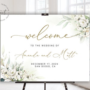 AMANDA - Welcome Sign Template with White Flowers, Sage Green and White Roses Wedding Welcome Sign, Floral Welcome Sign Template Wedding