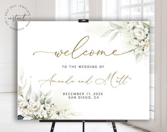 Modelo de placa de boas-vindas para casamento com estampa floral: verde-sálvia e branco (download digital)