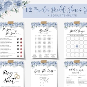 Dusty Blue Floral Bridal Shower Games Bundle (Digital Download)