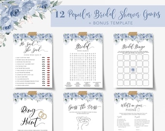Dusty Blue Floral Bridal Shower Games Bundle (Digital Download)