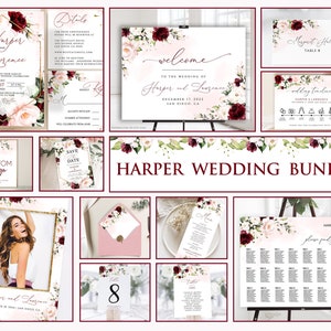 HARPER - Wedding Template Bundle, Wedding Invitation Burgundy Blush Floral Printable Editable Wedding Invite Template Set, Instant Download