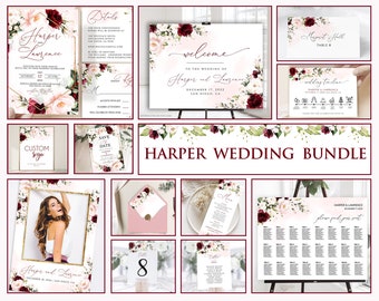 HARPER - Wedding Template Bundle, Wedding Invitation Burgundy Blush Floral Printable Editable Wedding Invite Template Set, Instant Download