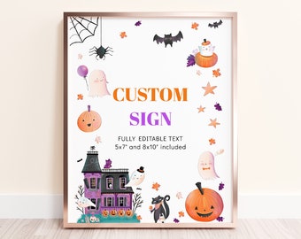 ハロウィーンカスタムサイン 8x10 および 5x7 テンプレート、かわいいハロウィーンサイン、印刷可能なハロウィーンテーブルサイン、編集可能なハロウィーンベビーシャワーサイン、PB29