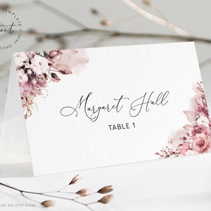 SINTA - Plantilla de tarjeta de lugar de boda Dusty Rose, tarjeta de lugar de boda Dusty Blush , tarjeta de nombre plana tipo carpa, tarjeta editable de lugar de rubor floral