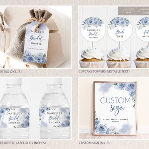 May include: A set of printable bridal shower party decorations featuring a blue watercolour floral design. The set includes a favour tag, cupcake toppers, water bottle labels, and a custom sign. The text on the decorations is editable.