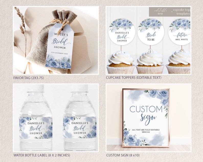 May include: A set of printable bridal shower party decorations featuring a blue watercolour floral design. The set includes a favour tag, cupcake toppers, water bottle labels, and a custom sign. The text on the decorations is editable.