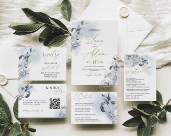 Plantilla de invitación de boda floral azul polvoriento (digital)