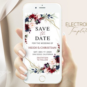 HEIDI - Wedding Save the Date Evite, Floral Smartphone Save the Date Evite Template, Burgundy Navy Blush Save the Date Evite, Save the Date