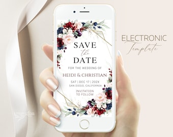 May include: A digital save the date card with a floral design in shades of burgundy, pink, and blue. The text reads "Save the Date for the Wedding of Heidi & Christian, Sat Dec 17 | 202X, San Diego, California, Invitation to Follow".