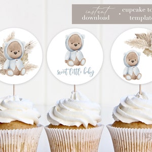 Blauer Bär Babyparty Cupcake Toppers Vorlage, druckbare Teddybär Cupcake Toppers, Babyparty Junge Cupcake Topper, Boho Babyparty PB10