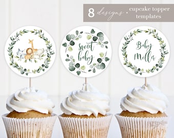 Greenery Safari Baby Shower Cupcake Toppers, Printable Safari Cupcake Toppers, Editable Jungle Safari Toppers, Baby Shower Cupcake Toppers