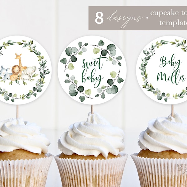 Greenery Safari Baby Shower Cupcake Toppers, Printable Safari Cupcake Toppers, Editable Jungle Safari Toppers, Baby Shower Cupcake Toppers