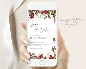 Mariage d’hiver Enregistrer la date Modèle Evite, Modèle de smartphone Winter Holly Digital Enregistrer la date, Électronique Enregistrer la date Invite, FELIZ