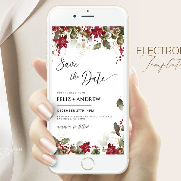 Boda de invierno Guardar la fecha Plantilla Evite, Plantilla de teléfono inteligente Winter Holly Digital Guardar la fecha, Invitación electrónica a guardar la fecha, FELIZ