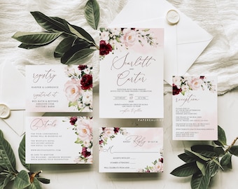 Burgundy Floral Wedding Invitation Template (Digital Download)
