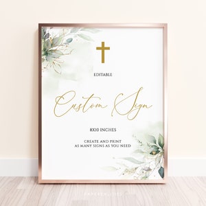 Editable Baptism Sign Template, Christening Table Top Sign Editable, Baptism Custom Sign, Minimalist Greenery Baptism, Christening Sign BC32