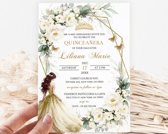 Plantilla de invitación de quinceañera con tiara blanca y dorada (editable)
