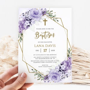 Baptism Invitation Template for Girl, Lavender Floral Baptism Invitation, Editable Christening Invitation for Girl, Lilac Baptism Invite