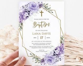 May include: Purple and gold baptism invitation with a floral design and a cross. The invitation reads "Please join us for the Baptism of our daughter Lana Davis Dec 17 202X at 11 o'clock in the morning All Saints Catholic Church 5231 Meadowcreek Dr. TX Reception lunch to follow at the Diamond Oaks Country Club RSVP to Kate 111222333444"