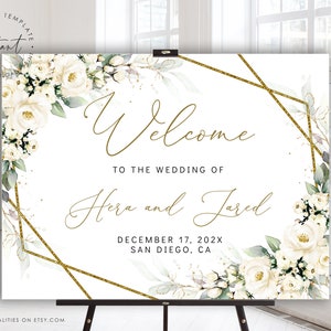 Plantilla de signo de bienvenida de boda floral blanca, signo de bienvenida editable, signo de boda de rosas blancas verdes, cartel de boda de flores blancas, HERA