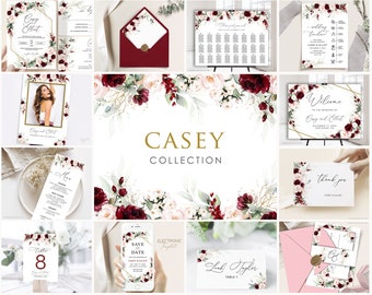 CASEY - Burgundy Wedding Invitation Bundle Template, Boho Wedding Invitation Suite, Wedding Template Bundle, Floral Blush Wedding Invitation