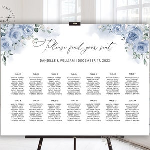 DANIELLE - stoffige blauwe bruiloft zitplaatsen grafiek sjabloon, bloemen bruiloft zitplaatsen grafiek, vind uw stoel, bewerkbare stoelplan, zitplaatsen grafiek poster